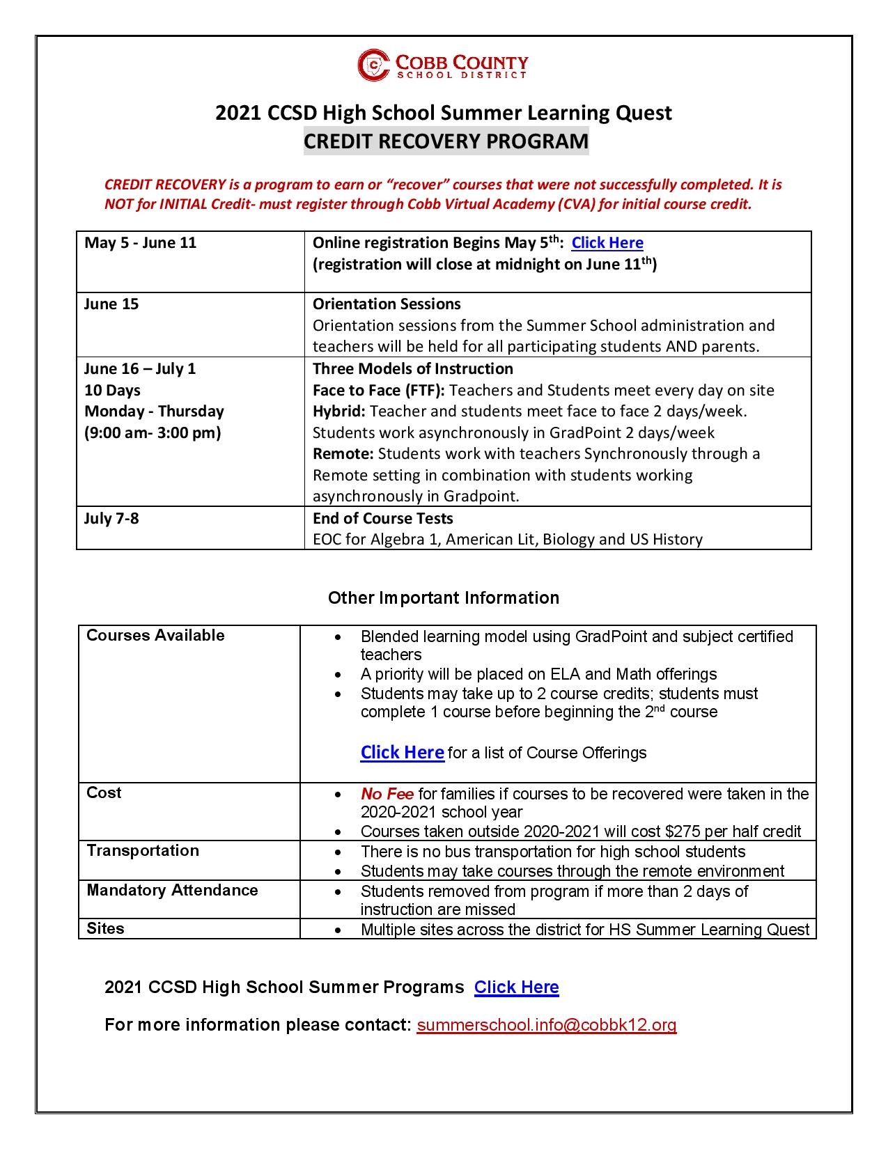 CCSD High School Summer Learning Quest (Credit Recovery Program)